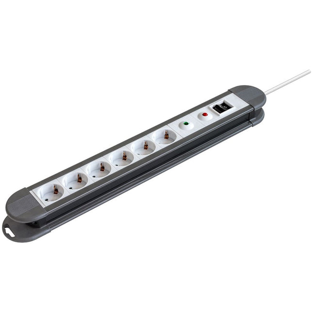 Extensão eléctrica cinza com seis tomadas Schuko e interruptor.