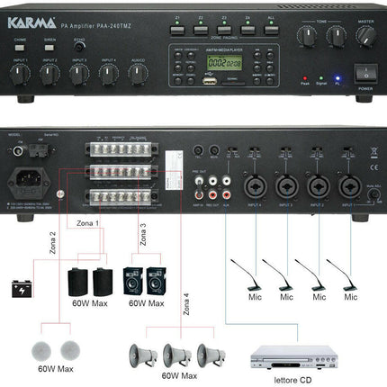 Amplificador Audio 100V 240W FM/USB/SD/MP3-Som e luz-Karma-Music Stage