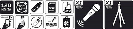 Coluna Portátil 12" 700W USB/MP3/BT/LED /FM+1 Microfone VHF-Som e luz-Karma-Music Stage