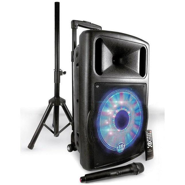 Coluna Portátil 12" 700W USB/MP3/BT/LED /FM+1 Microfone VHF-Som e luz-Karma-Music Stage