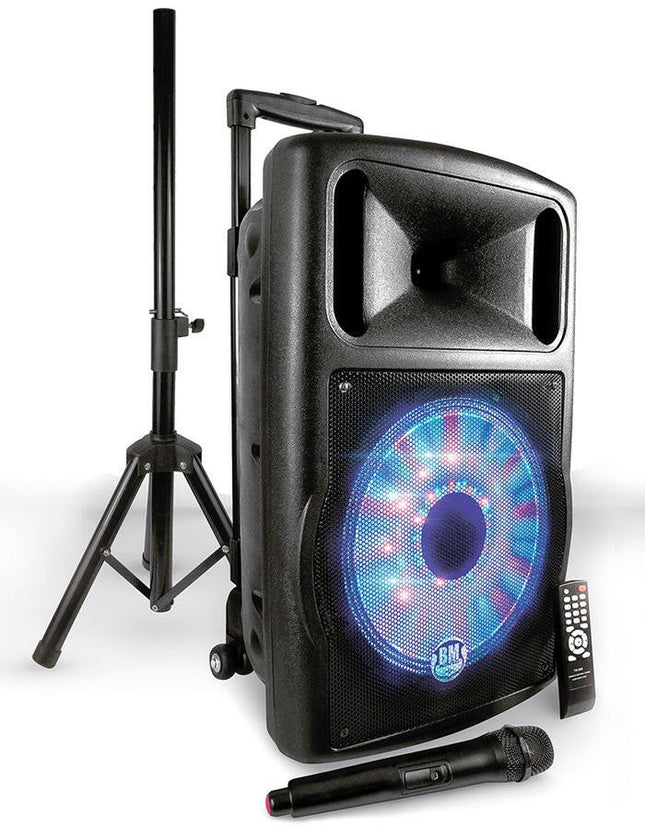Coluna Portátil 12" 700W USB/MP3/BT/LED /FM+1 Microfone VHF-Som e luz-Karma-Music Stage
