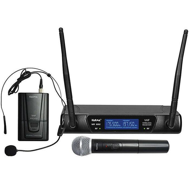 Microfone Mão s/ Fios+Cabeça+Emissor+Receptor VHF 175/197MHz-Som e luz-Karma-Music Stage