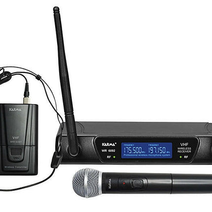 Microfone Mão s/ Fios+Cabeça+Emissor+Receptor VHF 175/197MHz-Som e luz-Karma-Music Stage