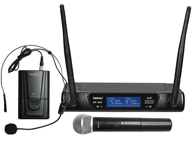 Microfone Mão s/ Fios+Cabeça+Emissor+Receptor VHF 175/197MHz-Som e luz-Karma-Music Stage
