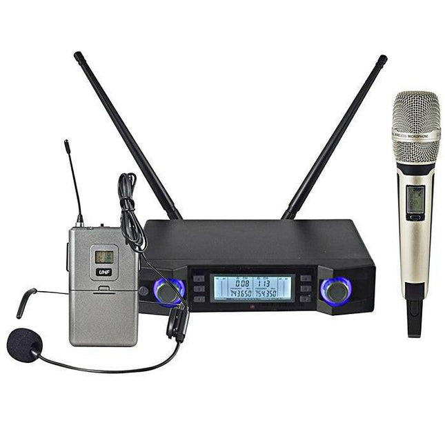 Microfone Mão s/ Fios+Cabeça+Emissor+Receptor UHF-Som e luz-Karma-Music Stage