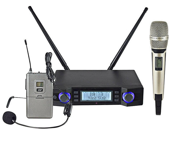 Microfone Mão s/ Fios+Cabeça+Emissor+Receptor UHF-Som e luz-Karma-Music Stage