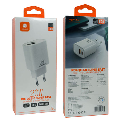 Transformador AC230V/DC5V USB + USB-C 20W Quick Charge-Energia-VIPFAN-Music Stage