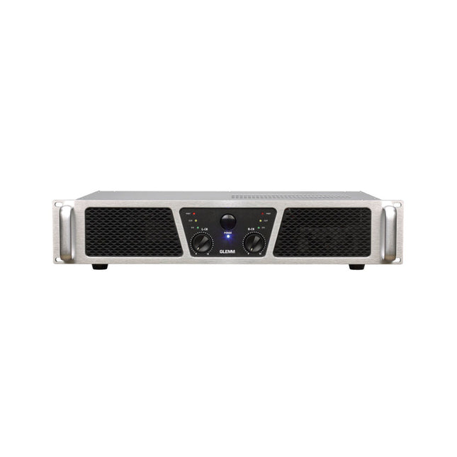 Amplificador audio prateado com botões e luz azul