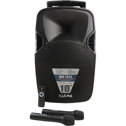 Coluna Portátil 10" 100W USB/MP3/BT/LED + 2 Microfone VHF-Som e luz-Karma-Music Stage