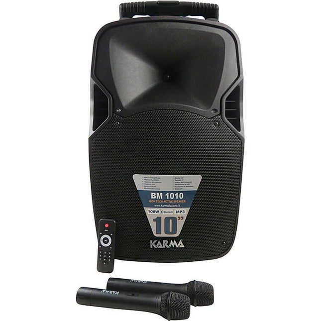 Coluna Portátil 10" 100W USB/MP3/BT/LED + 2 Microfone VHF-Som e luz-Karma-Music Stage
