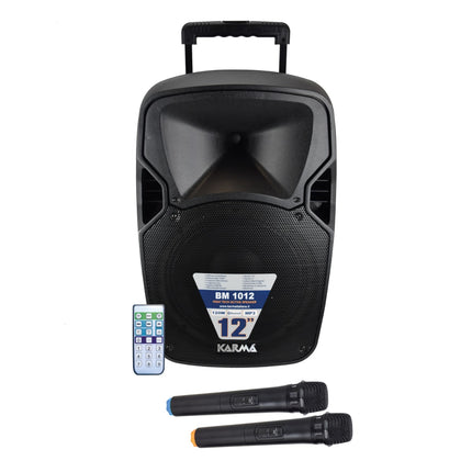 Coluna Portátil 12" 120W USB/MP3/BT/LED + 2 Microfone VHF-Som e luz-Karma-Music Stage