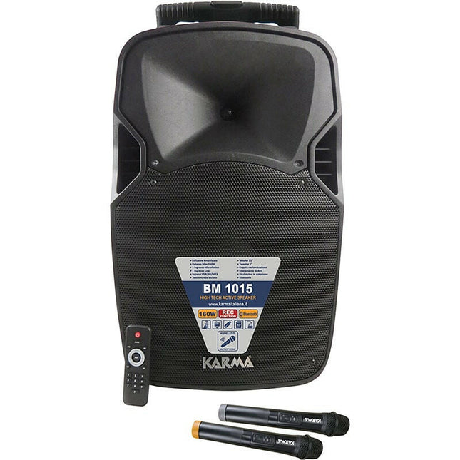 Coluna Portátil 15" 160W USB/MP3/BT/LED + 2 Microfone VHF-Som e luz-Karma-Music Stage