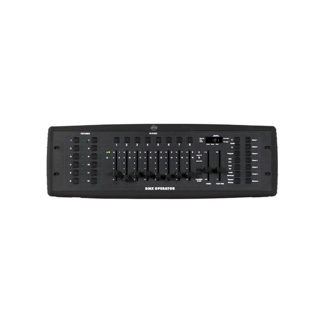 Controlador DMX preto com botões e faders