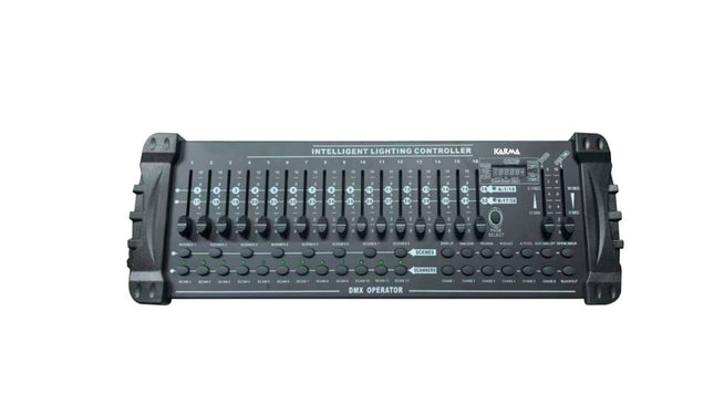 Controlador DMX preto com botões e roscas