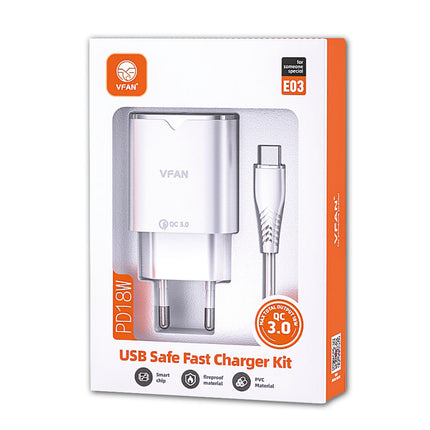 Transformador AC230V/DC5V USB Quick Charge 3.0 Cabo USB-C 18W-Energia-VIPFAN-Music Stage