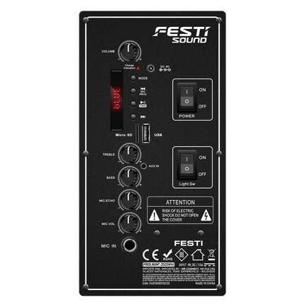Coluna Portátil 15" 700W USB/SD/BT/BAT/TWS + 2Micro-Som e luz-FESTI SOUND-Music Stage