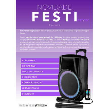 Coluna Portátil 15" 700W USB/SD/BT/BAT/TWS + 2Micro-Som e luz-FESTI SOUND-Music Stage