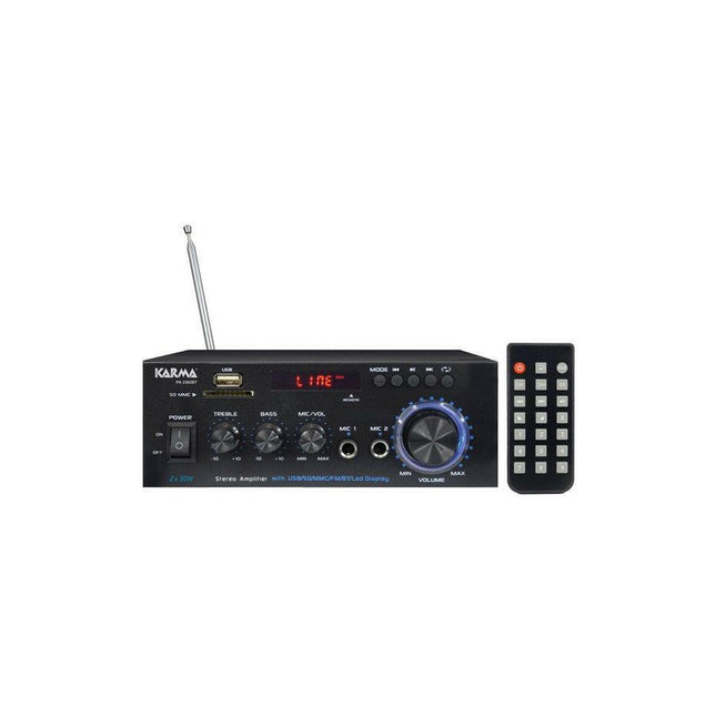 Amplificador Audio Karaoke c/ Display FM/USB/BT 2x30W @4ohm-Som e luz-Karma-Music Stage