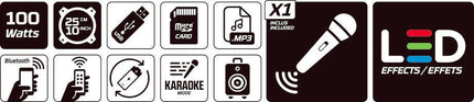 Coluna Portátil 10" 120W USB/MP3/BT/LED/REC+1 Microfone VHF-Som e luz-Karma-Music Stage