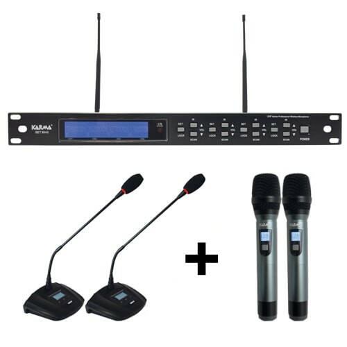 Microfone Mesa + Mão s/ Fios (2+2 unid) + Receptor UHF-Som e luz-Karma-Music Stage