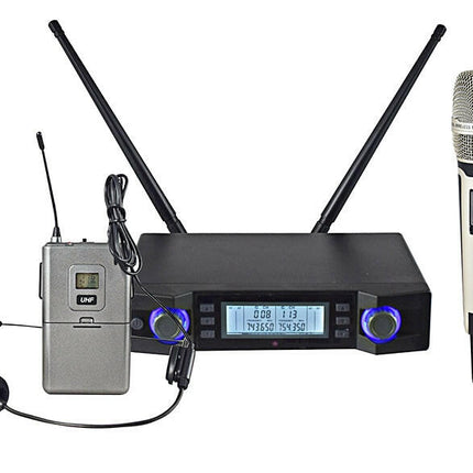 Microfone Mão s/ Fios+Cabeça+Emissor+Receptor UHF-Som e luz-Karma-Music Stage