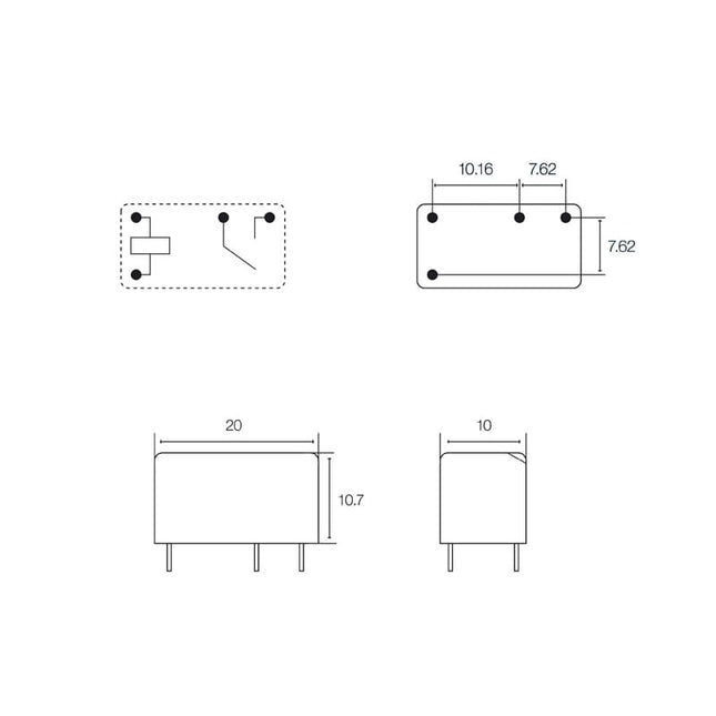 Mini Relé DC 12V/1C/6A - R:7.62mm Circuito Impreso