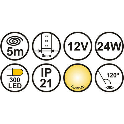Fita LED 3528 IP20 12V 5mt/300 Amarelo - Fundo Castanho-Iluminacao e led-Nextec-Music Stage