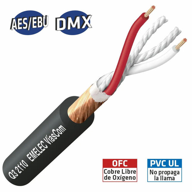 Cabo DMX Ø6,3mm 2 Cond.+ Malha Preto 100mt