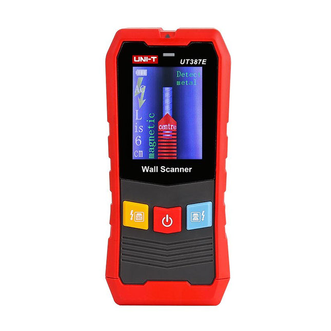 Scanner de parede vermelho com tela ativa
