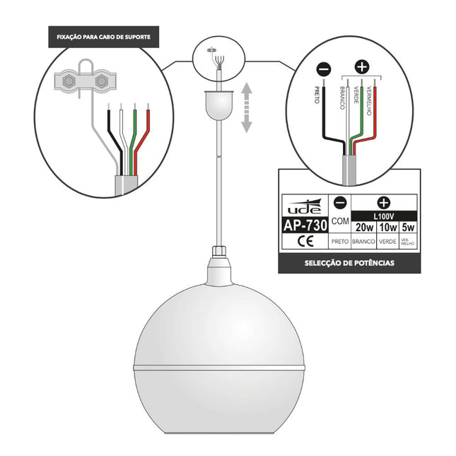 Coluna Tecto Suspensa 100V 20W - Esférica-Som e luz-UDE-Music Stage