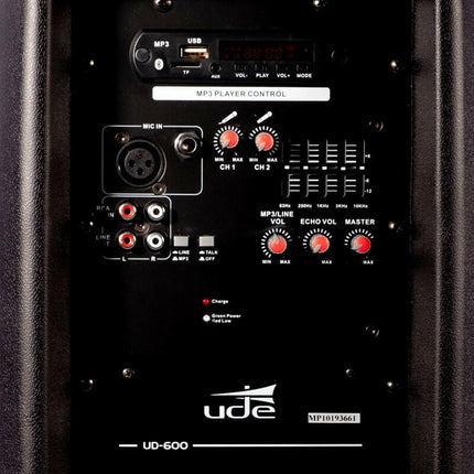 Coluna Portátil 12" 100W USB/MP3/BT + 2 Microfone UHF-Som e luz-UDE-Music Stage