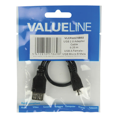 Cabo Micro USB "B" Macho / USB "A" Fêmea 20cm - Preto-Fichas e cabos-Valueline-Music Stage